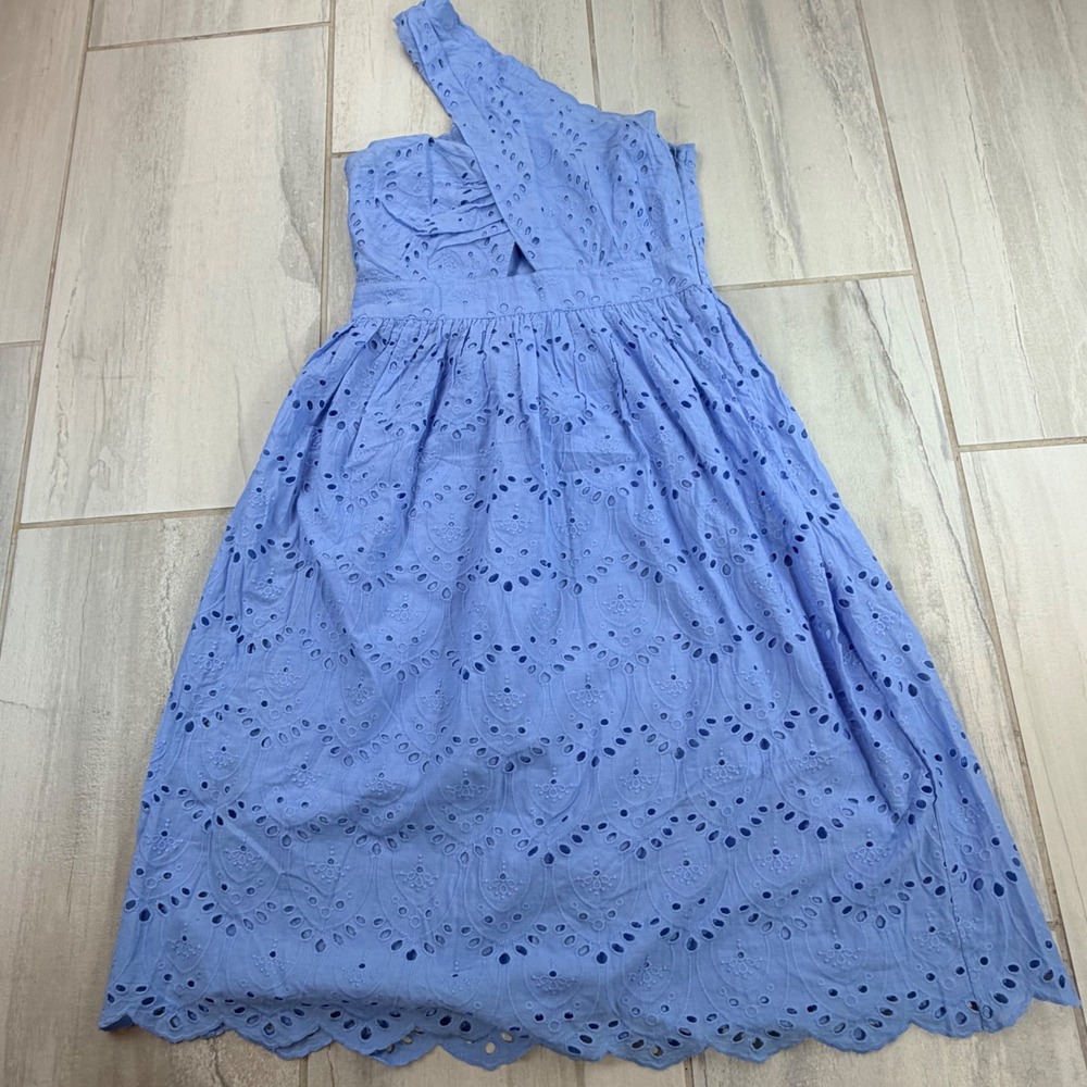 French Connection Placid Blue Eyelet One Shoulder Midi Dress 71UBF Size 8 NEW